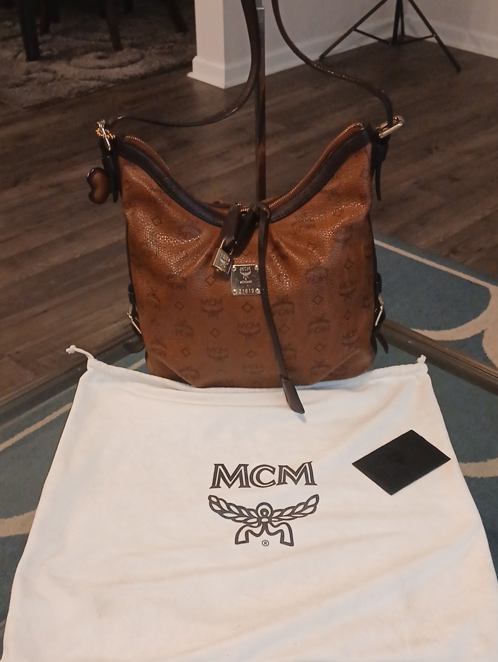 MCM Cognac Monogram Leather Bucket Bag with Gold Hardware